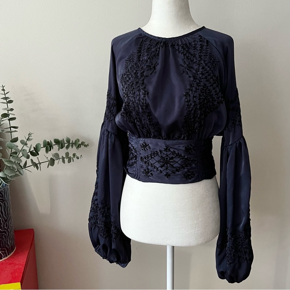 Free People Navy Blue Satin Embroidered Balloon Sleeve Blouse